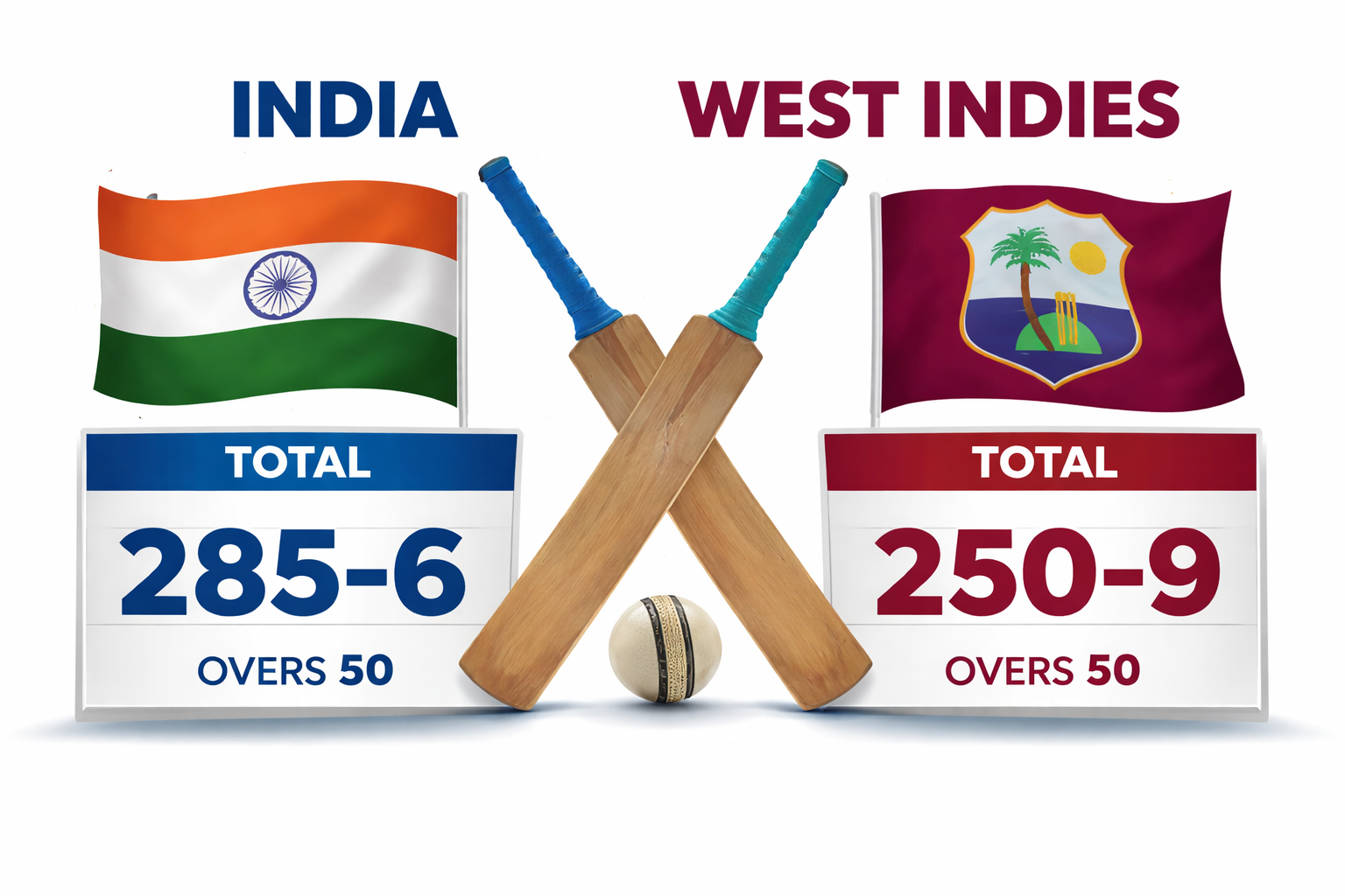 India National Cricket Team vs West Indies match scorecard showing runs, wickets, overs, and full innings summary.